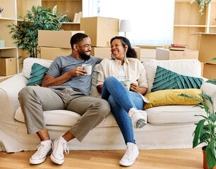 Portrait of a young couple unpacking, moving in and relocation to a new apartment, happy young...