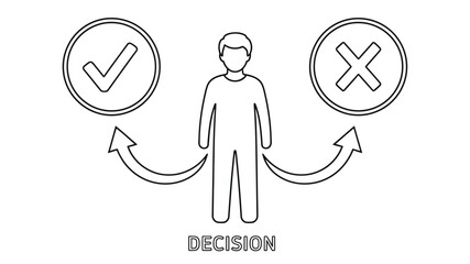 Line art illustration depicting a person facing a choice between positive and negative options