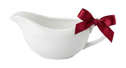 White ceramic gravy boat with festive red ribbon bow
