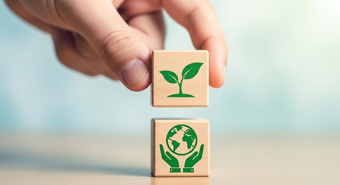 Hand placing wooden cube with plant sprout icon on top of cube with earth and hands icon, symbolizing ecofriendly growth