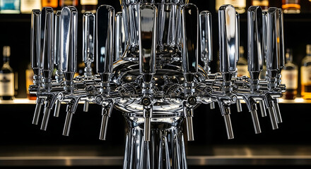 A close up view of a chrome beer tap system with liquor bottles in the background on a dark surface ai generated