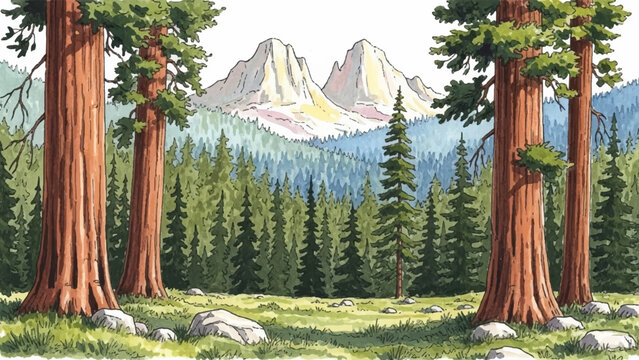 Majestic redwood trees in a serene mountain landscape, a beautiful hand-drawn watercolor illustration