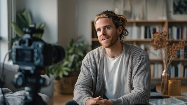 Mental health influencer creating engaging content while promoting wellness in a cozy indoor setting during daylight hours