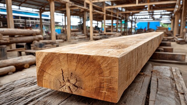 A large wooden beam rests on a workbench in a timber workshop. The atmosphere suggests craftsmanship and industry. The image captures the raw beauty of natural wood. Ideal for construction themes. AI
