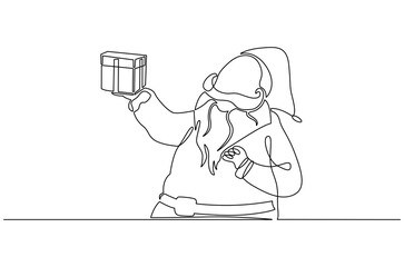 Continuous one line drawing of Festive Christmas gift from Santa Claus. Single line drawing illustration of Santa claus with gift. Merry Christmas 2025 concept vector art. Doodle line illustration.