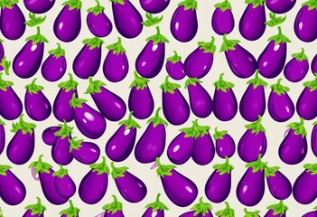 Infinite repeating pattern of stylized eggplants in various shades of purple, creating a seamless design, vector, modern