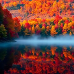 Mist gently rises from a serene lake reflecting the vibrant reds, oranges, and yellows of surrounding autumn trees,  season,  woodland