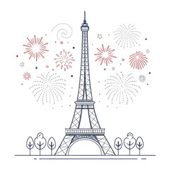 Fototapeta premium A minimal Eiffel Tower design accented with small abstract fireworks creating a festive modern visual highlighting