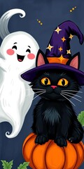 Obraz premium Playful ghost and pumpkin smile, black cat wears a starry witch hat, whimsical Halloween art, witch hat, cute