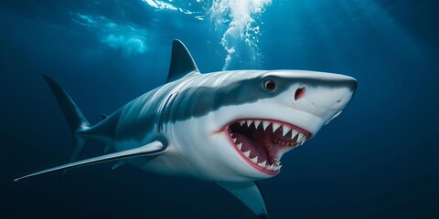 Powerful great white shark underwater, jaws open, wild, sea