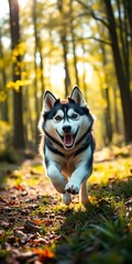 Playful Siberian husky running through a sun-dappled forest, pure joy in motion ,  vibrant,  playful