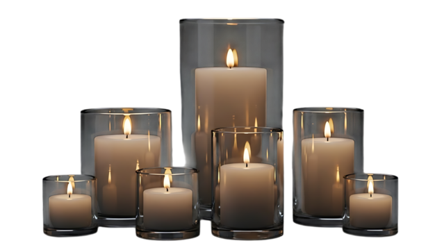Group of lit candles in glass cylinders isolated on transparent background