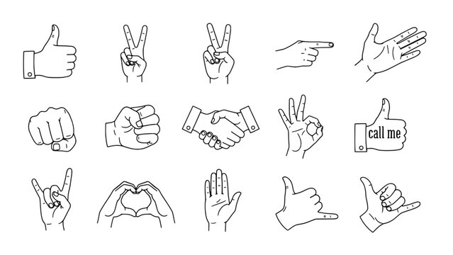 Set of Fifteen Outline Hand Gesture Icons in a Grid Layout on White Background