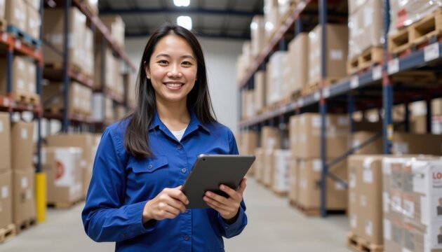 Efficient warehouse operations modern warehouse employee portrait industrial environment smiling worker professionalism