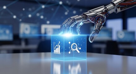 Robotic hand interacting with a glowing cube displaying data analytics and search icons, symbolizing ai in business intelligence and technology