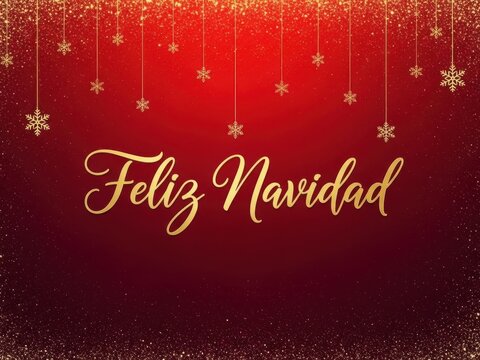 Feliz navidad greeting in elegant gold script on a deep red background with hanging sparkling snowflake decoration border for holiday celebration