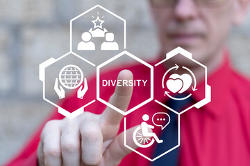 Concept of diversity, equality, inclusion, culture, languages, tolerance, difference, belonging, human rights and ethnicity. DEI. Business person using virtual touch screen presses the word DIVERSITY.