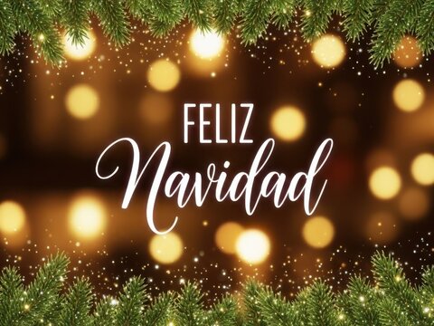 Feliz navidad greeting card design with festive bokeh lights and green pine tree border for holiday celebration background