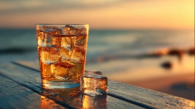 Refreshing Cocktail Glass with Ice Cubes at Sunset Beach, Stunning Ocean View, Relaxing Vibes for Summer Evenings and Gatherings
