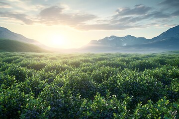 Fototapeta premium Scenic sunrise bathing green blueberry valley high resolution picture