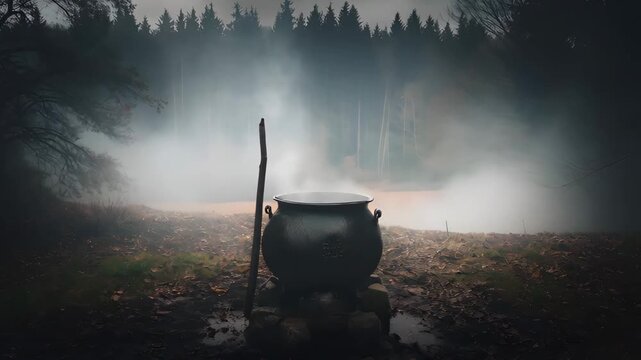 Nestled in an enchanted forest, an ancient cauldron fills the air with mysterious steam as twilight casts a magical glow. Shadows dance among the trees, enhancing the mystical atmosphere