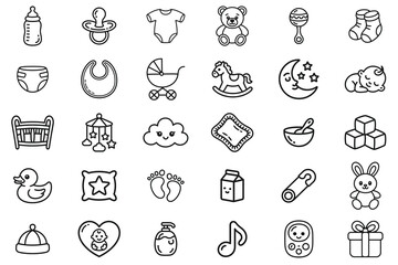 Adorable baby and nursery doodle icon set featuring 30 hand-drawn elements including baby bottles, pacifiers, toys, cribs, bibs, rattles, socks, diapers, pillows, teddy bears, moons, clouds