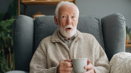 Elderly man sitting on a grey armchair in a living room. he is holding a white coffee mug in his hands and appears to be deep in thought. he has a white beard and is wearing a beige sweater.