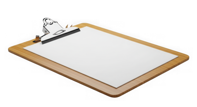 Blank wooden clipboard with paper for notes, office, or design