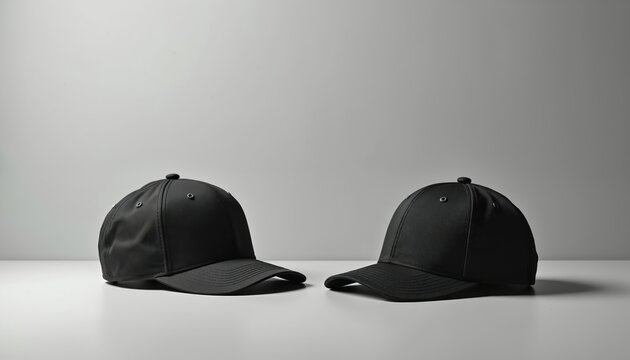 Two black baseball caps sit on clean light grey studio background. Present different angles of blank headwear. Use as mockup template for custom design, brand, logo presentation, product advertising.