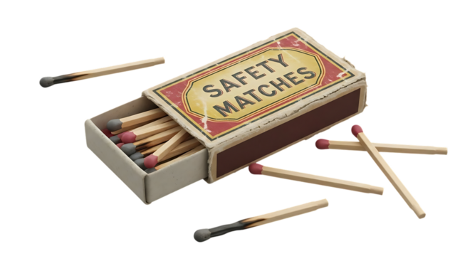 Vintage safety matches box with matches isolated on transparent background