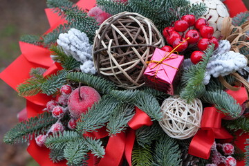 Festive Winter Bouquet with Pine Cones, Berries and Christmas Ornaments