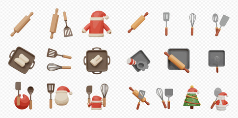 A collection of baking and cooking utensils and Christmas themed items.