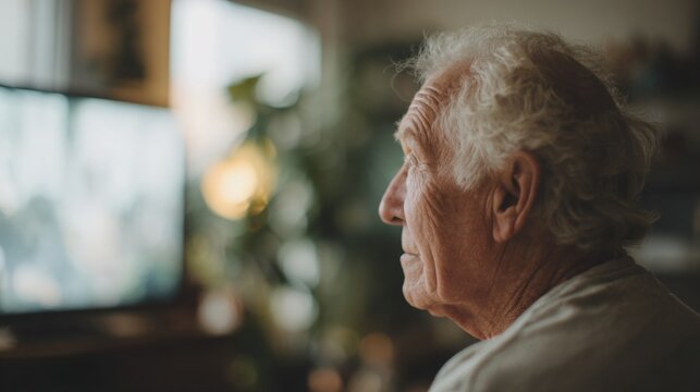 Close-up portrait of an elderly man's face. he appears to be in his late 60s or early 70s, with white hair and wrinkles on his face. the man is looking off to the side, with a serious expression.