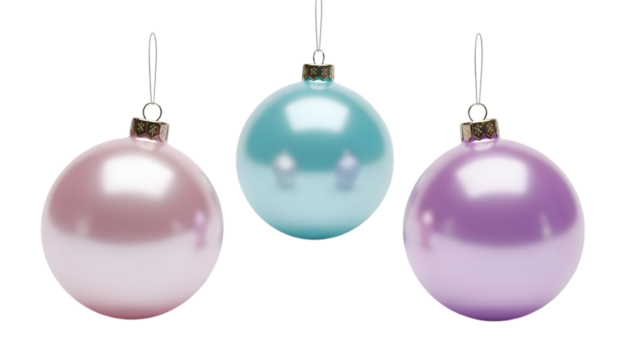 Three shiny pastel christmas tree ornaments in pink, blue, and purple colors isolated on transparent background