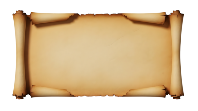Blank antique parchment scroll with burnt edges isolated on transparent background for text or design element