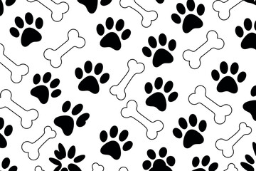 Dog paw prints and bone seamless pattern black and white design