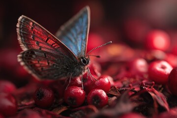 Obraz premium Close up of a colorful butterfly on red berries