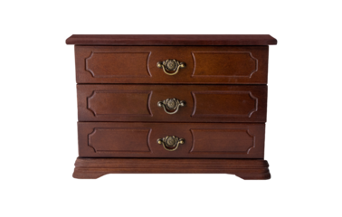 Jewelry wooden box isolated on transparent  background. The front view of dark brown open chest with the drawers. PNG. 