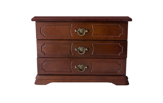 Jewelry wooden box isolated on transparent background. The front view of dark brown open chest with the drawers. PNG.