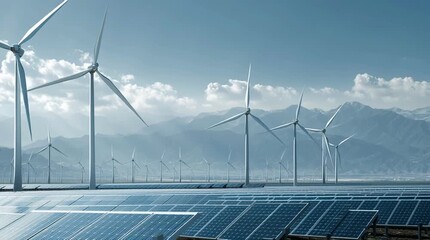 Wind turbines and solar panels generating renewable energy in landscape - Powered by Adobe