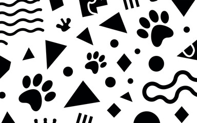 Monochrome seamless pattern with abstract geometric shapes and paw prints