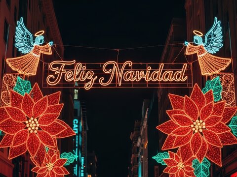 Bright neon sign displaying feliz navidad with illuminated angel and poinsettia decorations hanging over a dark city street at night