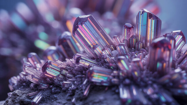 Close-up of shimmering purple amethyst crystals with rainbow light refractions on a dark rocky surface
