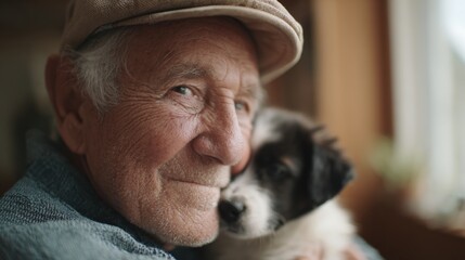 Close-up portrait of an elderly man with white hair and a beige cap. he is smiling and looking directly at the camera.