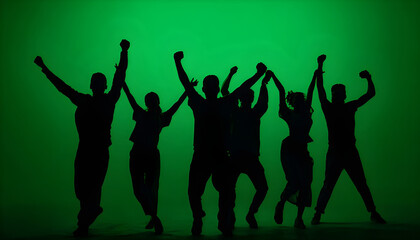 Black silhouettes of a group of people cheerfully celebrate their victory against a green chroma key background. Minimalist contrast and modern visual composition, mockup.