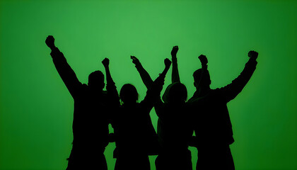Black silhouettes of a group of people cheerfully celebrate their victory against a green chroma key background. Minimalist contrast and modern visual composition, mockup.