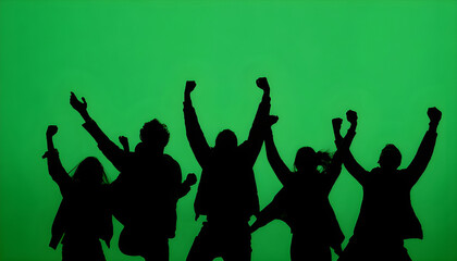 Black silhouettes of a group of people cheerfully celebrate their victory against a green chroma key background. Minimalist contrast and modern visual composition, mockup.