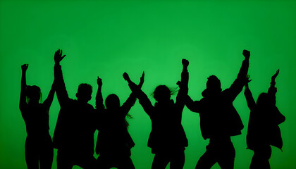Black silhouettes of a group of people cheerfully celebrate their victory against a green chroma key background. Minimalist contrast and modern visual composition, mockup.