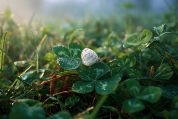 Fototapeta premium Delicate butterfly resting on wet clover leaves
