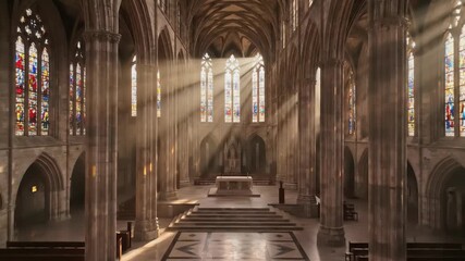Sunlight Streams Through Stained Glass Windows Illuminating the Aisles of a Grand Gothic Cathedral - Powered by Adobe